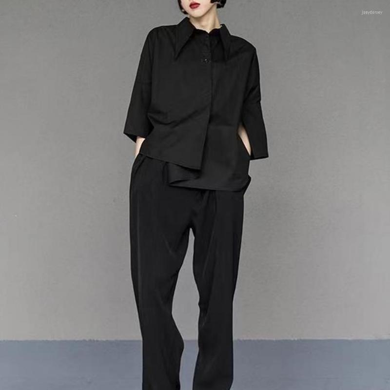 

Women' Blouses Stylish Summer Spring Shirt Oversized Women Men Irregular Hem Turn-down Collar Top Match Pants, Black