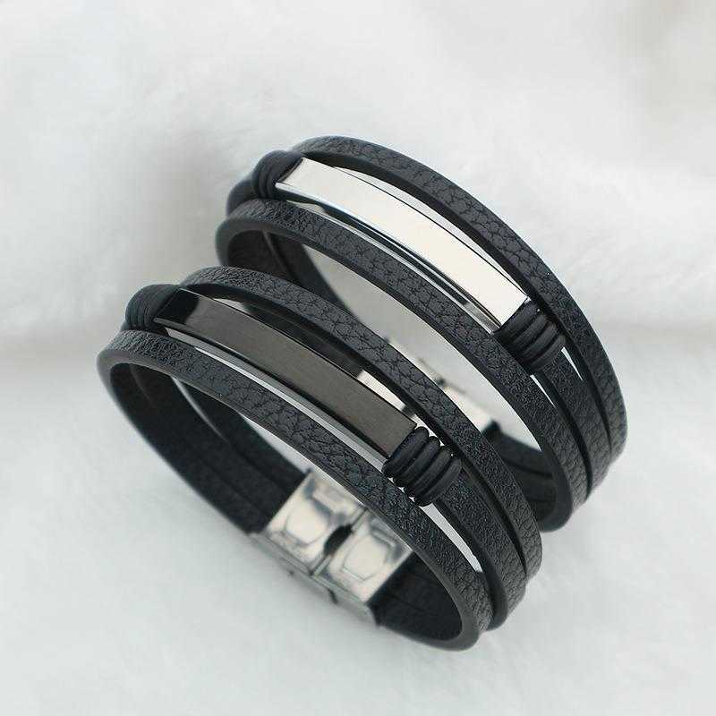 

Handmade Material Fashion Leather Bracelet Rope Woven Titanium Steel Can Carve Writing Couple Hand Strap Christmas Pu