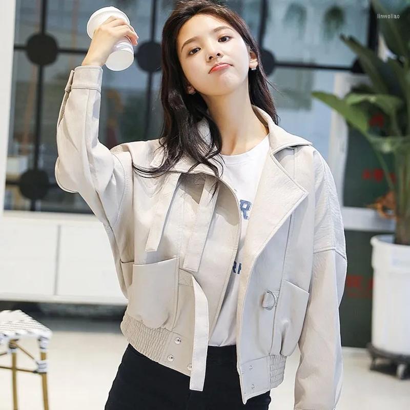 

Women' Leather Fitted Waist Vintage Fake Classic Spring Autumn Winter White PU Motor Cropped Jacket Chic Women' Clothes Korean, Beige