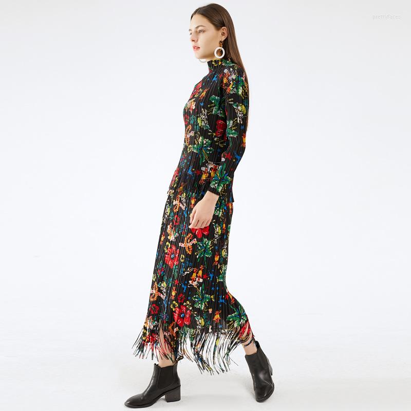 

Work Dresses Miyake Pleated Casual Suit Autumn And Winter Women' Long-sleeved Floral Skirt Top Female Niche Street Retro, Picture color
