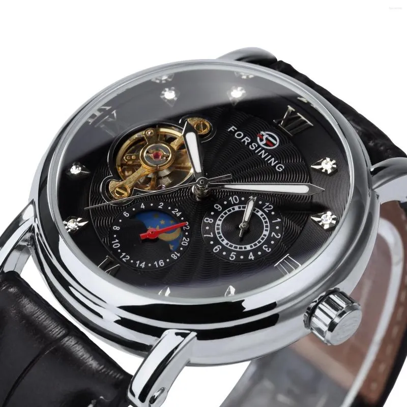 

Wristwatches Forsining Fashion Iced Out Luxury Watch For Men Mechanical Leather Strap Moon Phase Luminous Pointers Tourbillion, Box silver black