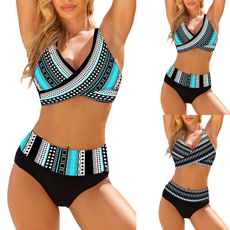 

Women's Swimwear Vintage Two Retro Waist High Set Ruched Bikini Piece Women Print Swimsuit Swimwears Tankinis, Black