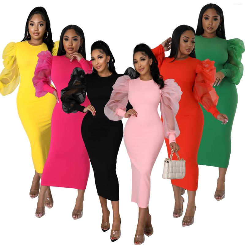 

Casual Dresses Summer Patchwork Work Dress Women Sexy Solid See Through Mesh Sleeve O Neck Skinny Bodycon Party Club Maxi, Orange