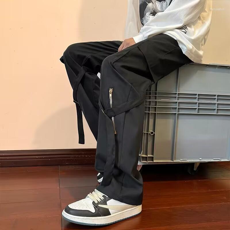 

Men's Pants Multi Pocket Cargo Men's Fashion High Street Vintage Straight Sweatpants Loose Casual Wide Leg Trousers, 098 black