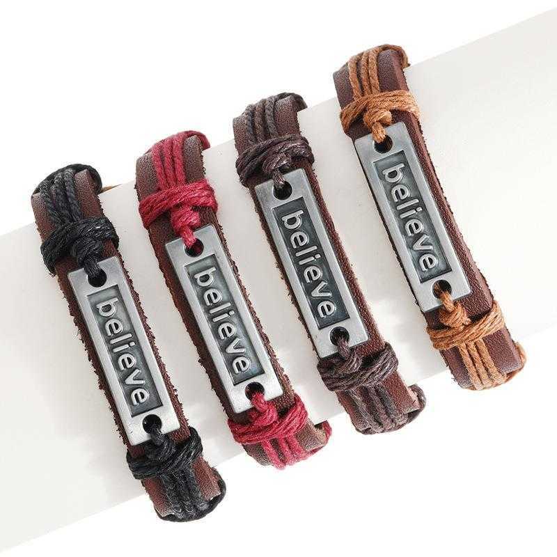 

Fashion Ornament Charm Alloy Retro Believe Confidence Cattle Leather Bracelet Simple Handmade Braided
