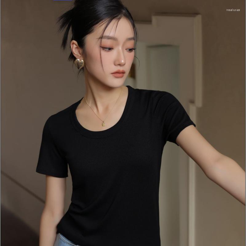 

Women's T Shirts Short-sleeved T-shirt Female 2023 Spring And Summer Solid Color Basic U-neck Slim 100 Match Thread Cotton Top, Black