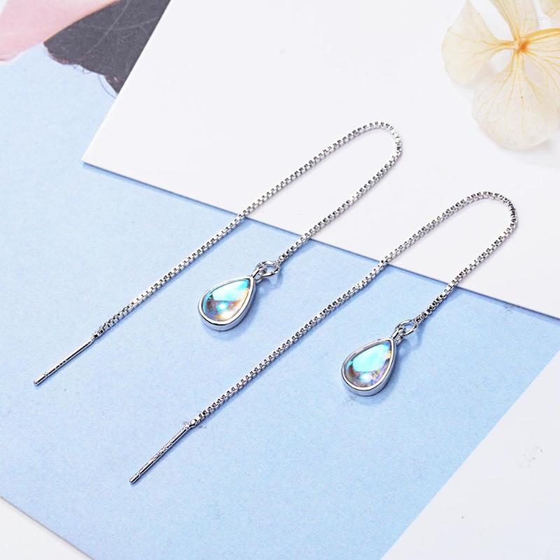 

Dangle Earrings Real 925 Sterling Silver Fashion Moonstone Water Drop Chain Charm For Women Party FINE Jewelry Pendientes Brincos