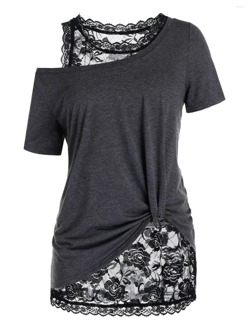 

Women's T Shirts ROSEGAL T-Shirt And Lace Tank Top Twinset Female Summer Fashion Skew Neck Knotted Short Sleeve Tee See Thru Vest Blouse Set, Dark gray