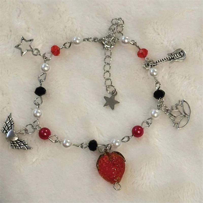 

Link Bracelets Cute Strawberry Guitar Beaded Bracelet Glass Black Pearl Cottage Coquettish Retro Gorgeous Y2k