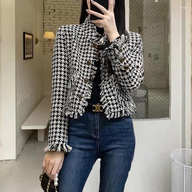 

Women' Jackets Runway Fall Women' Clothes Classic Tassel Houndstooth Small Fragrance Tweed Short Jacket Casaco Outwear, Picture color