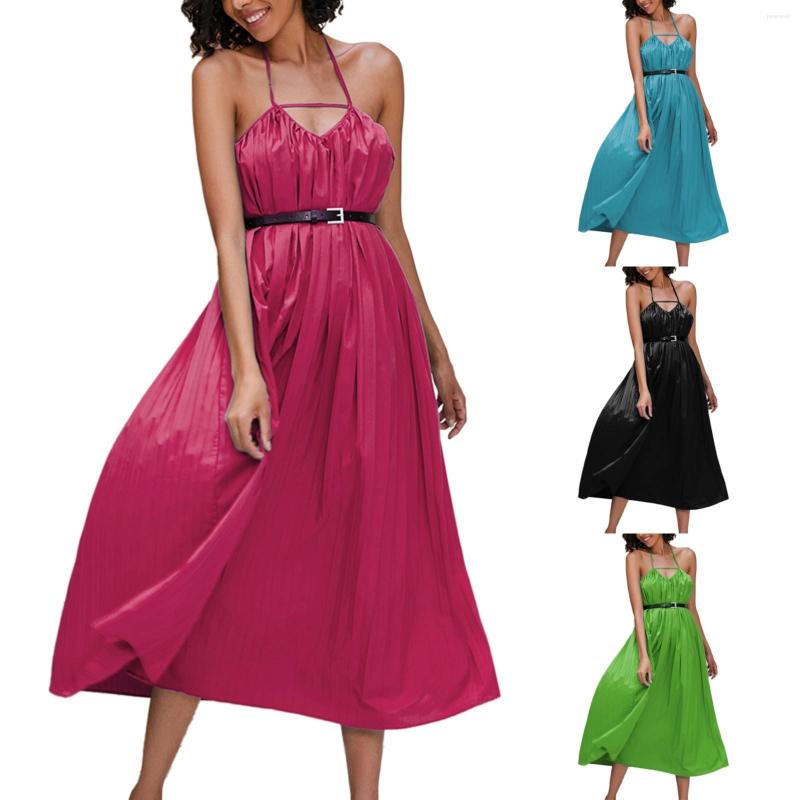 

Casual Dresses Summer Solid Color Pleated Waist Hanging Neck Dress Women Womens Below The Knee Short, Red