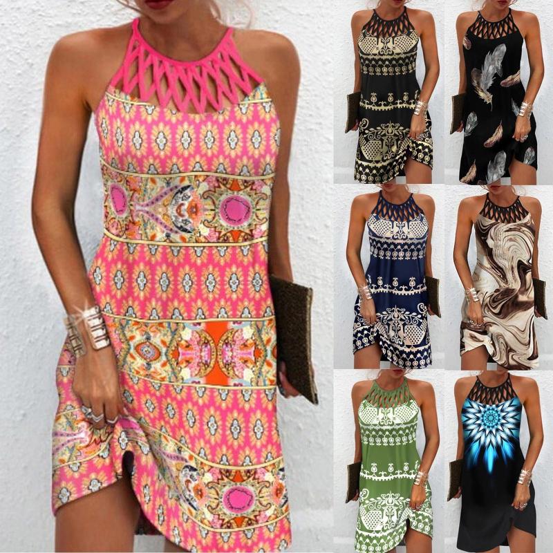

Casual Dresses Women' Fashion Vintage Hollow Neck Slim Sleeveless Round Print Dress Summer Women 2023 Vestidos, Black