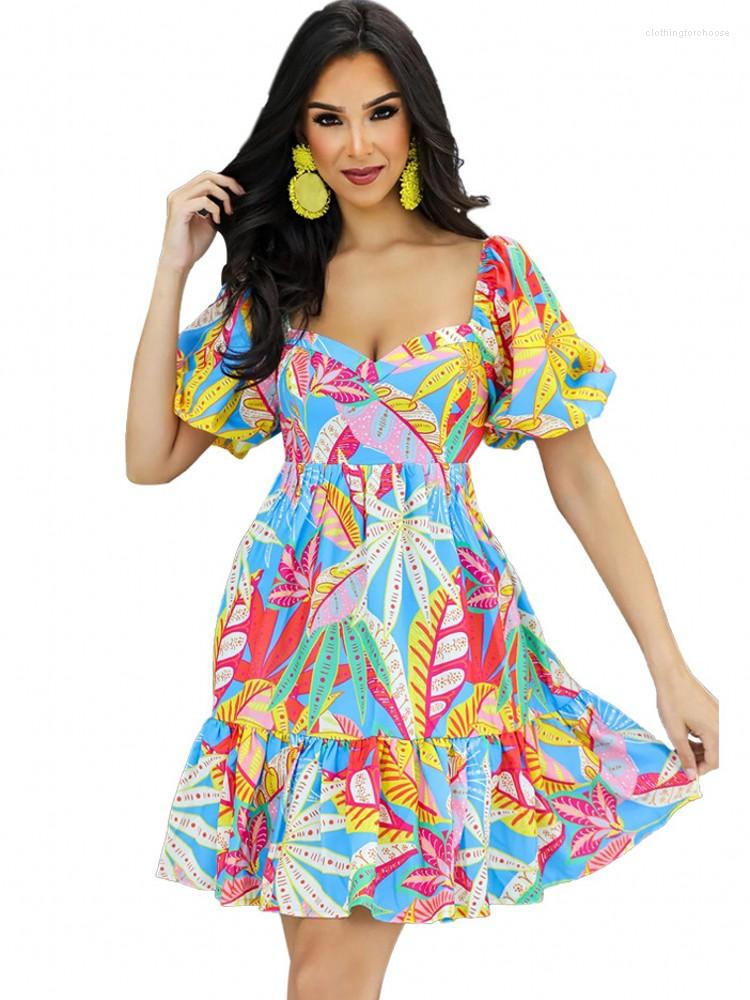 

Casual Dresses Backless Sexy Summer Women Boho Dress Square Neck Print Puff Sleeve High Waist Mini Midi Holiday Outfits Robe Femme, Multi