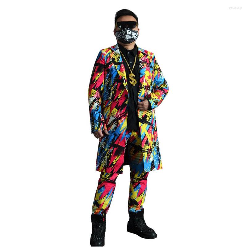 

Men's Suits Men Graffiti Print Hip Hop Slim Fit Dress Sets Male Long Blazer Suit Jacket Pant Dancer Singer Costume Stage Clothing