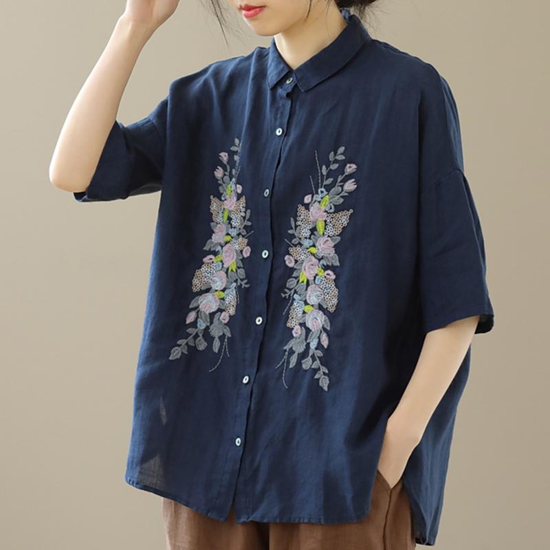 

Women's Blouses & Shirts QPFJQD Ladies Short Sleeve Embroidery Button Blouse 2023 Summer Autumn Loose Female Casual Soft Cotton Turn Down Co, White