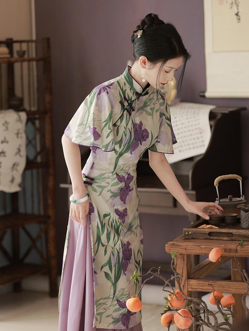 

Ethnic Clothing Chinese Style Long Dress Floral Print Cheongsam Women Short Sleeve Qipao Party Hanfu Summer