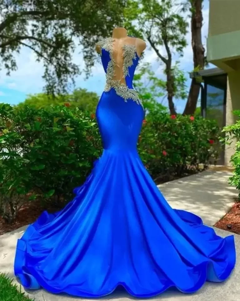 

Royal Blue Sheer Crew Neck Long Mermaid Prom Dresses Black Girls Appliques Birthday Party Backless Evening Gowns Robe De Bal, Dark red