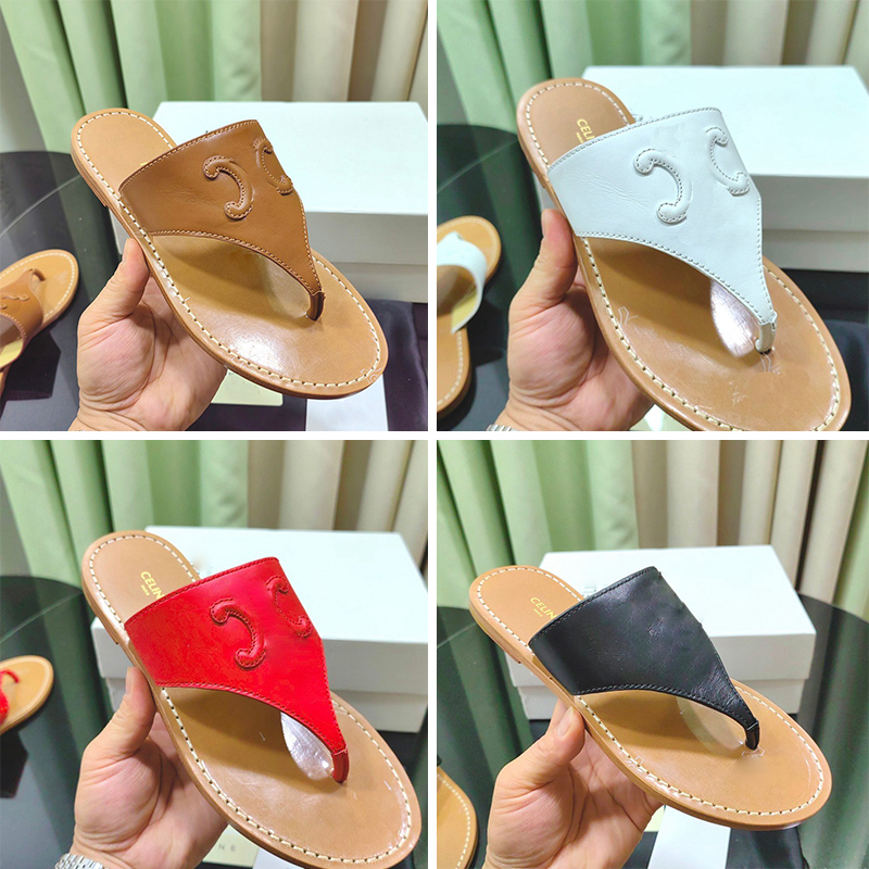 

Designer Slipper CELlNE TRIOMPHE FLAT THONG in CALFSKIN Black Tan Red Silver Womens Summer slipper