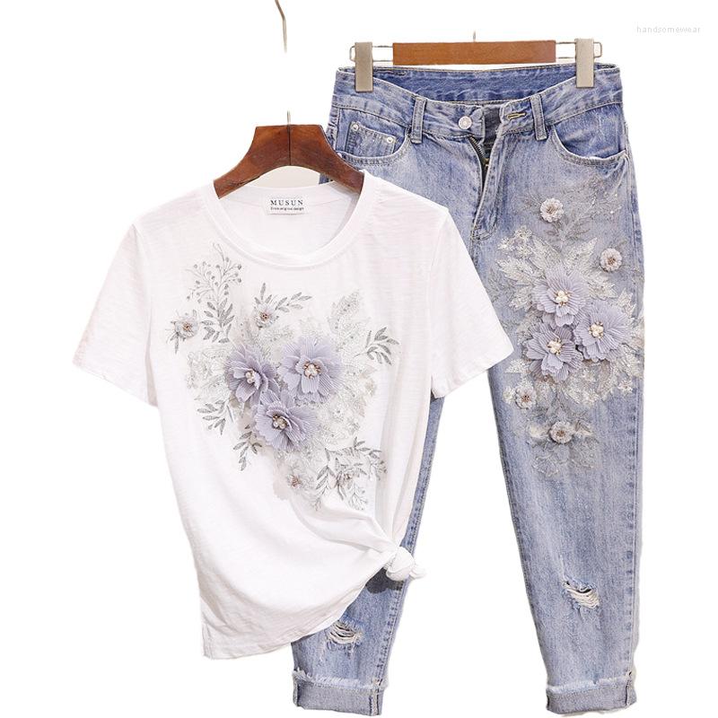 

Two Piece Dress Amolapha Women Sequined Beaded 3D Flower Cotton T-shirt Calf-length Jeans Clothing Sets Summer Mid Calf Jean Suits, Black