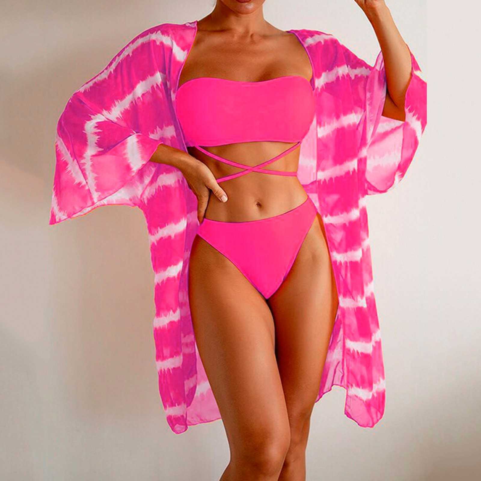 

Women's Plus Size Swimwear New In Swimsuit Women Plus Size Bikini Mid Waist 3 Piece Prints Bikini Set Cover Up Swimsuit Brazilian Swimwear Bathing Suit Z0508, Pink