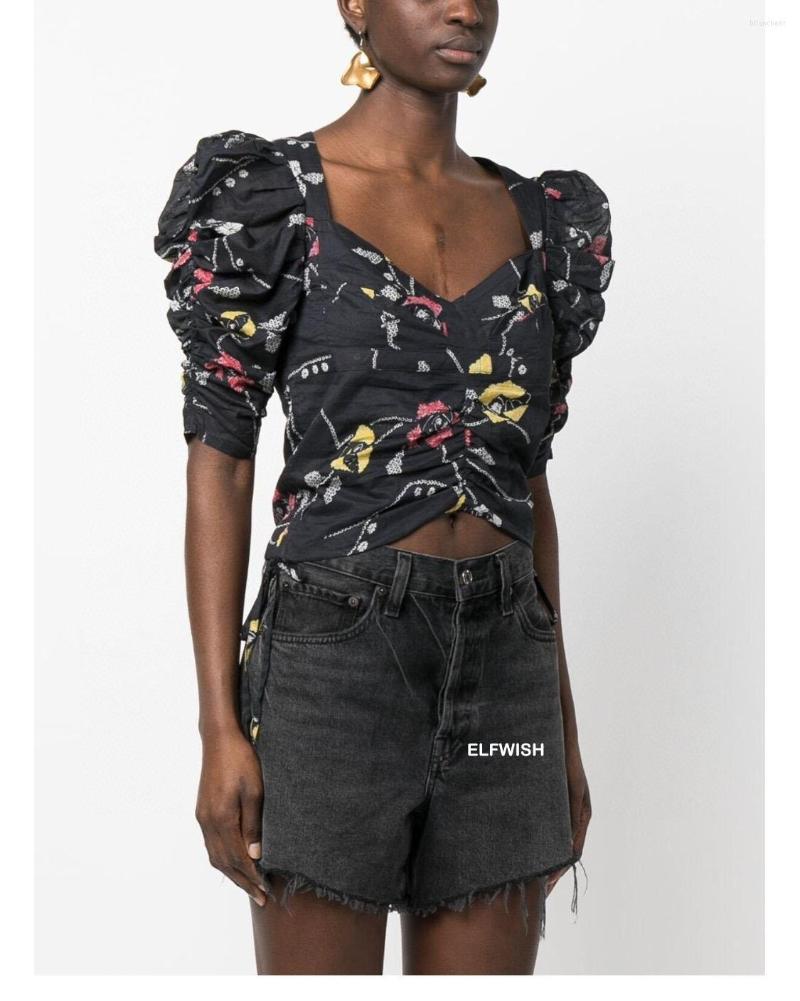 

Women's Blouses 2023SS Woman Fashion Black Printed Blouse Puff Shoulders Short Tops, Beige