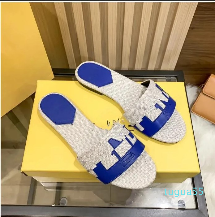 

Designer-Slides Slippers Women Black Withe Banded Flats Sandals Leather Embellished Pattern Ladies Sexy Letter Beach, Blue