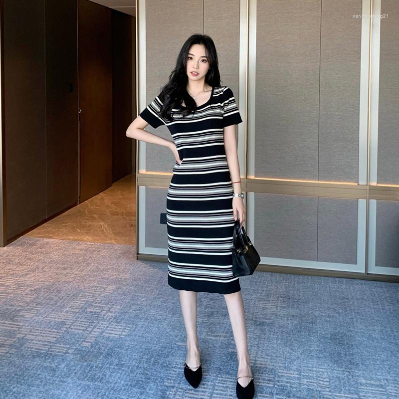 

Party Dresses Korean Versionedition Stripe Knitting With Short Sleeves Languid Is Lazy In The Wind Outside Wear Long Skirt Dress, Black
