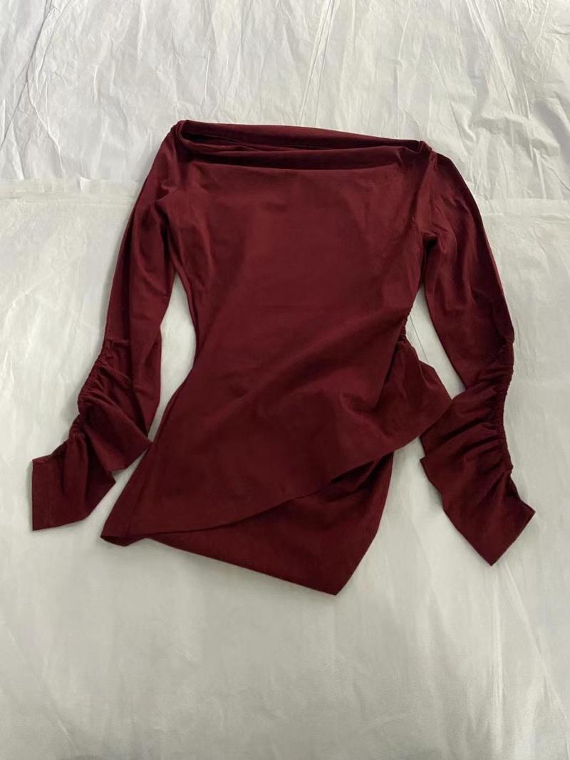 

Women' T Shirts Diagonal Neck One Line Shoulder Pleated Knitted Top Soft Comfortable Casual Fashion 2023 Summer, Red
