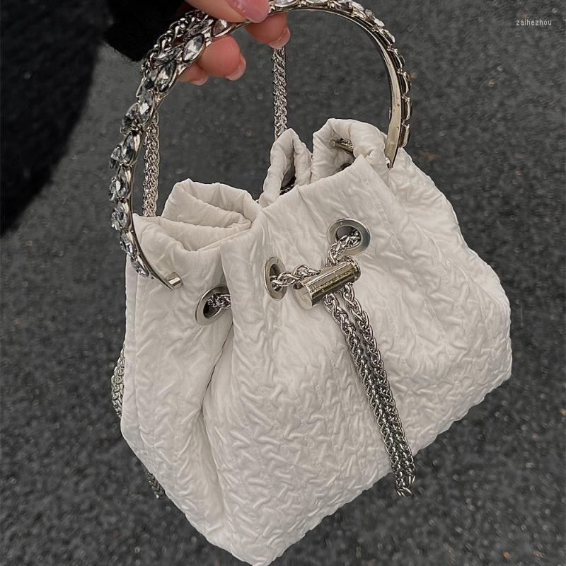 

Evening Bags Luxury Rhinestones Women's Drawstring Shoulder Fashion Chain Ladies Pleated Crossbody Bag Dinner Female Bucket Handbags, Beige