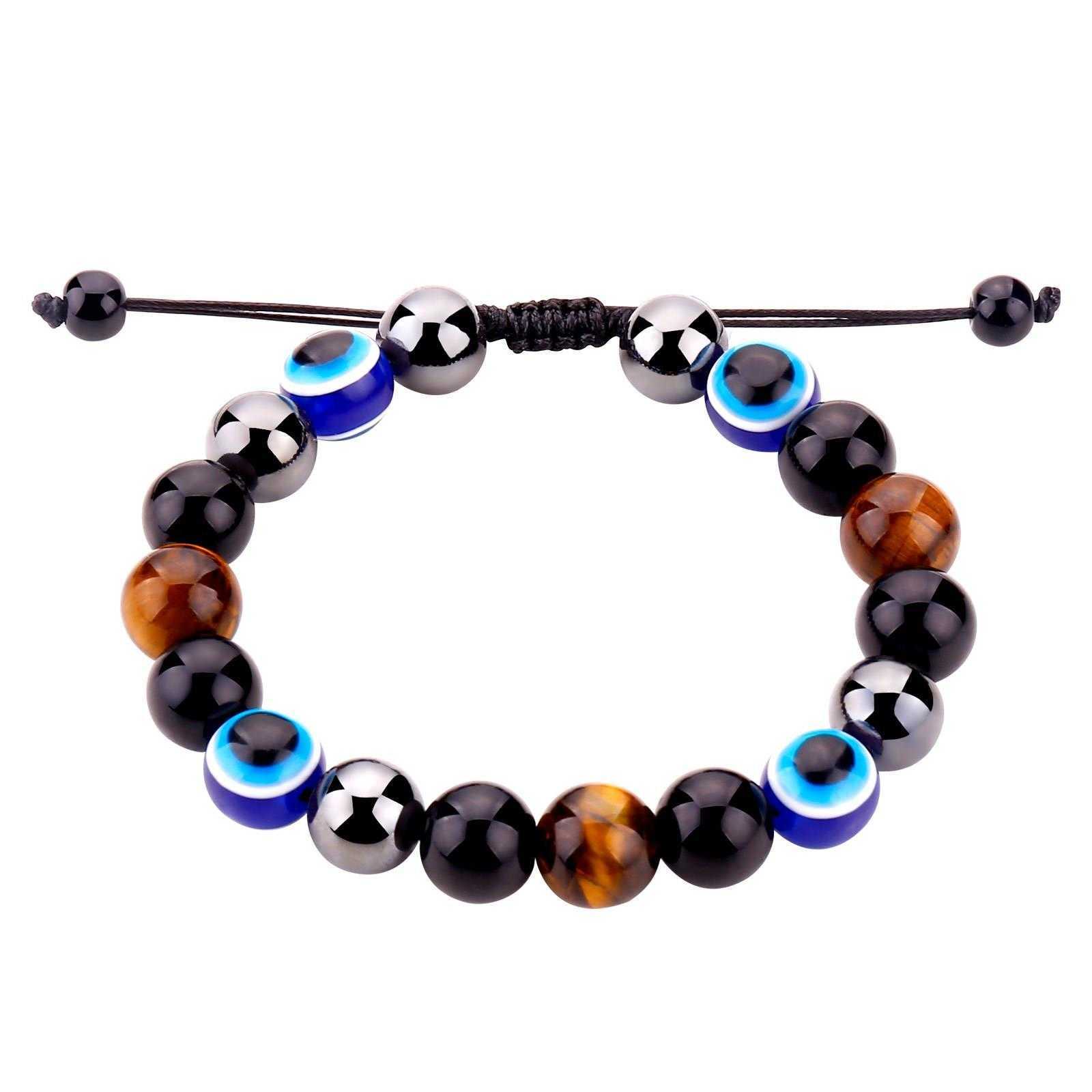 

Devil Eye Woven Hand Strands Strap 8 Yellow Blue Eyes Tiger Obsidian Hematite Beaded Bracelet