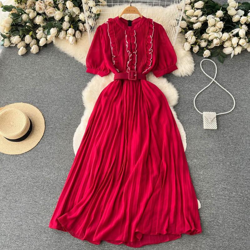 

Party Dresses Summer Sense Of Senior Collision Color Wooden Ear Edge Short-sleeved Waist Swing Pleated Dress, Black