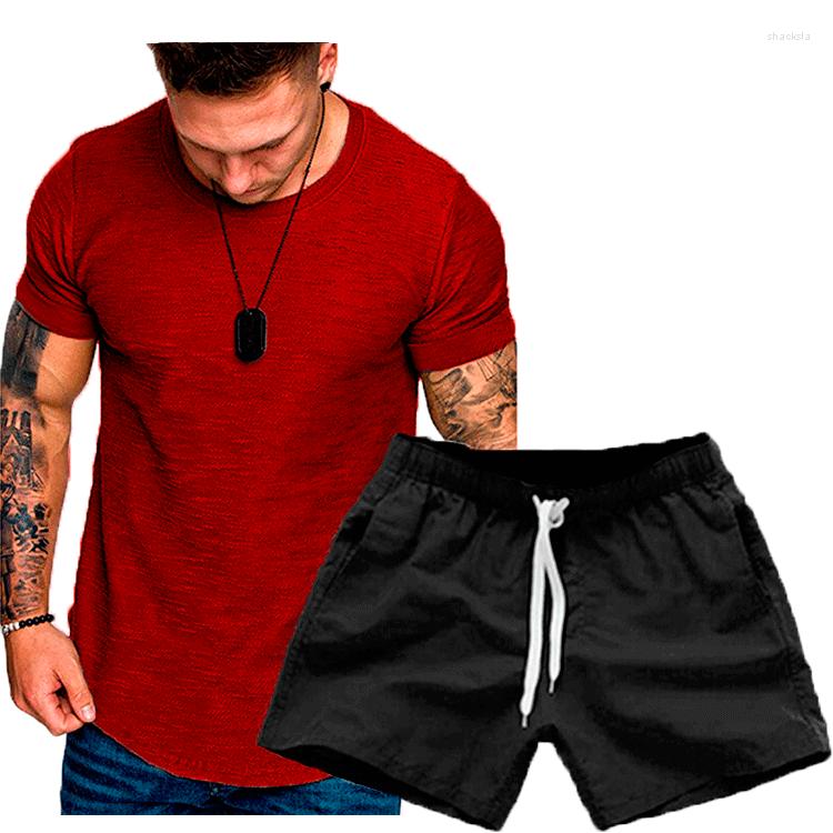

Men's Tracksuits 2023 Summer Mens Solid Color Short-sleeved T-shirt Shorts 2-piece Suit Round Neck Slim Sports Shirt Men's Sets Asian, Dark grey