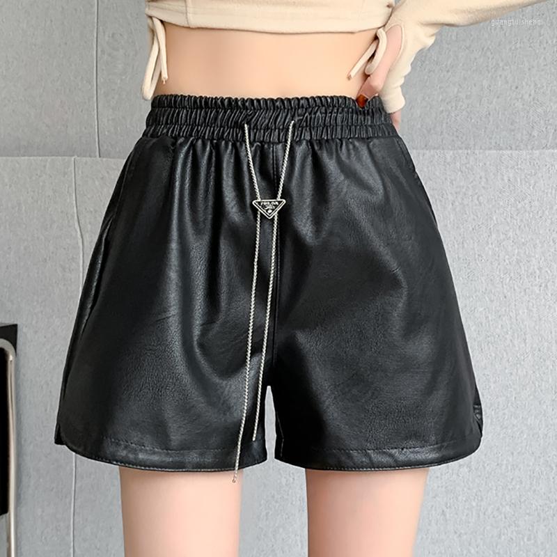

Women' Shorts Pu Leather Biker Women Chain Faux Elastic Waist Short Femme Autumn Casual Black Feminino Womens Clothes