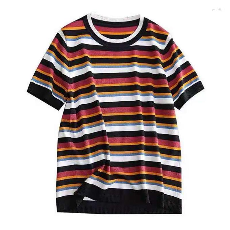 

Women's T Shirts Striped Knitted Shirt Women Summer Vintage Clothes Thin Woman Tshirt Short Sleeve Casual O-Neck Tee Camisetas De Mujer, Photo color