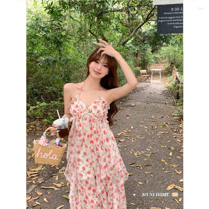 

Casual Dresses GkyocQ Summer Women Floral Print V-neck Ruffles Backless Vestidos Side Split Sleeveless Dress Female Chic Clothing, Pink