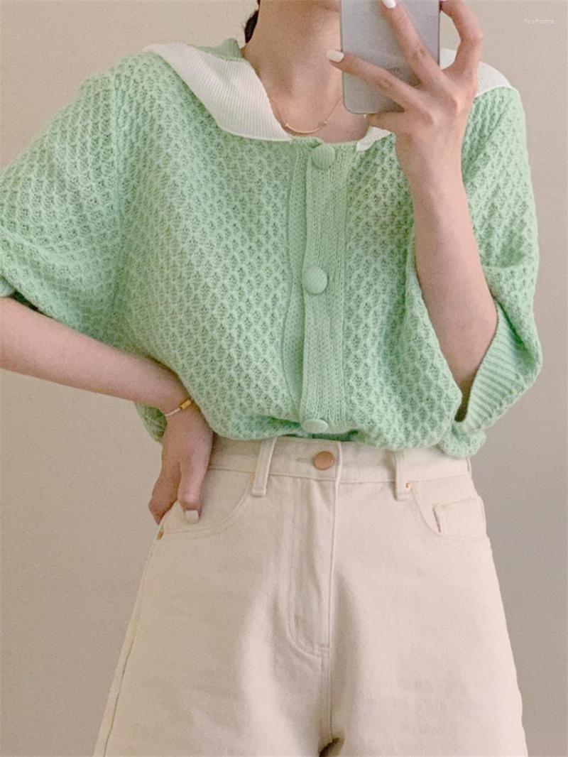 

Women's Knits Alien Kitty 2023 Ruffles Knitwear Shirt Sweater Loose OL Work Wear Casual Sweet Elegant Short Sleeve Lady Summer Tops, Green