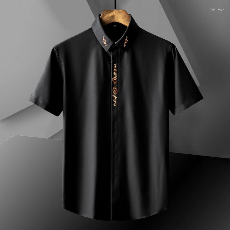 

Men's Casual Shirts High End Design Floral Embroidery Men's Short Sleeved Shirt 2023 Summer Luxury Trend Loose Fitting Large M-6XL, Black