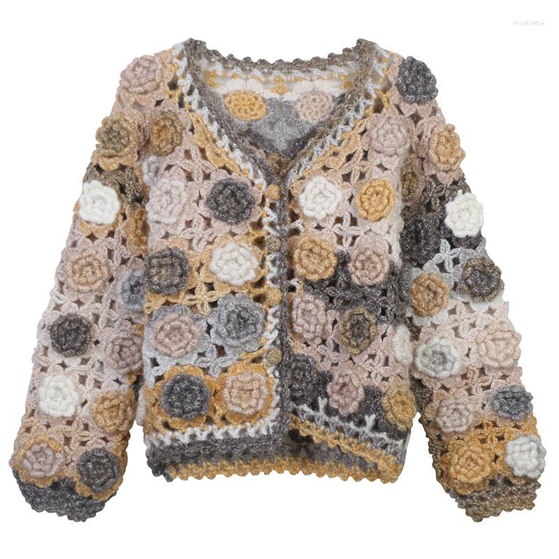 

Women' Knits Handmade Crochet Sweater Cardigans Women V-Neck Knitted Tops Flower Hollow Out Jersey High Quality Japan Korean Lady, Pink