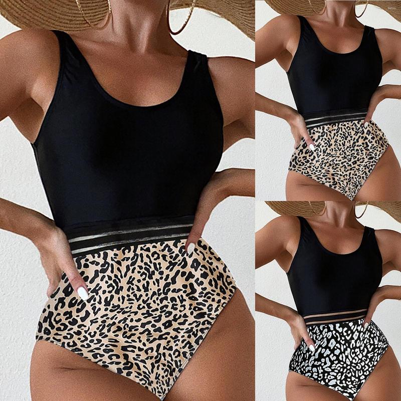 

Women' Swimwear Women' Sexy Contrasting Color Leopard Print Strap Off Shoulder Backless Jumpsuit Swimsuit
