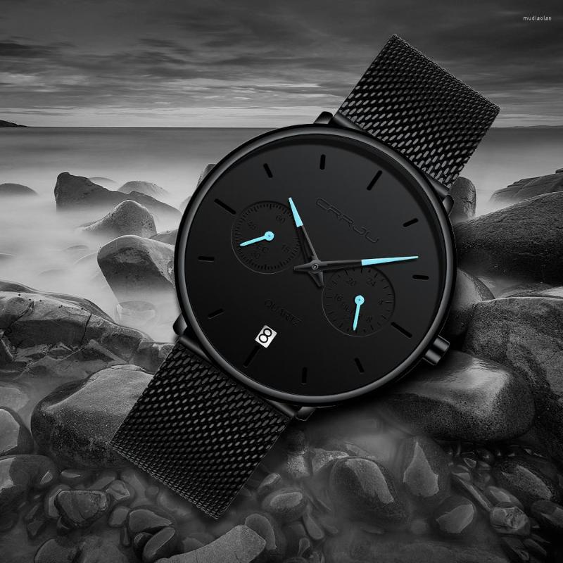 

Wristwatches Men Watches Simple Style Stainless Steel Mesh Wristwatch CRRJU Quartz Male Clock With Date Reloj Waterproof Hombre, Black