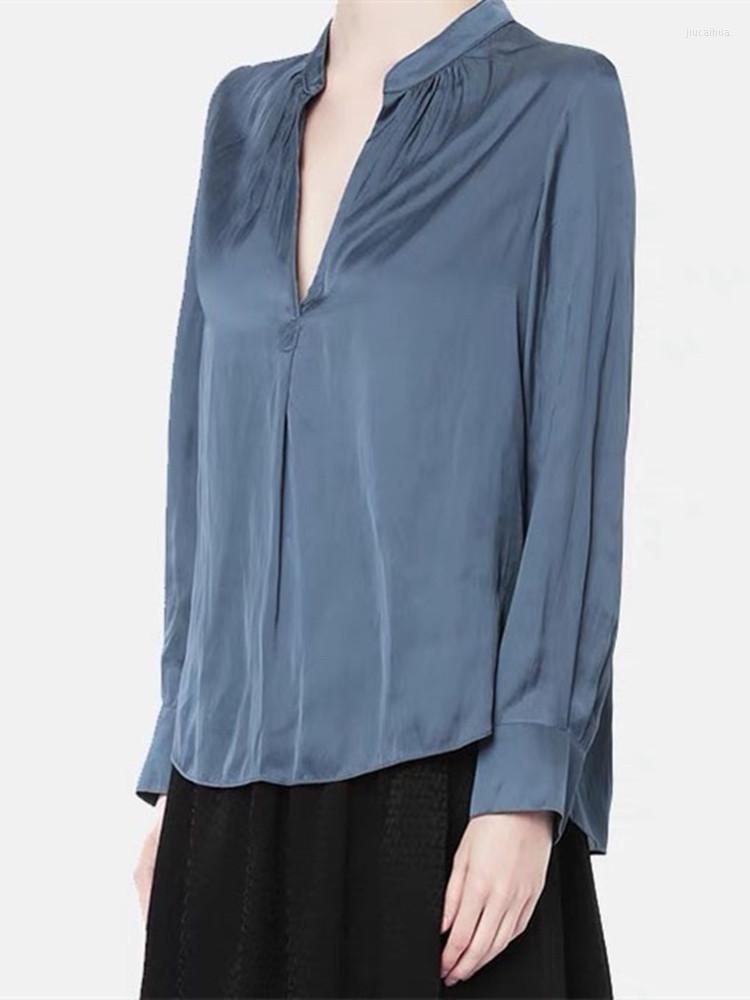 

Women's Blouses Women's Satin Pleated Blouse Classic Top Solid Color V-neck Long Sleeve Lady Spring Summer 2023 Shirt