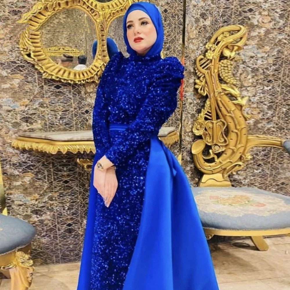 

Royal Blue Sequins 2023 Evening Dresses Overskirt Sparkly Women Formal Night Party Gowns Muslim High Neck Full Long Sleeves, Hunter