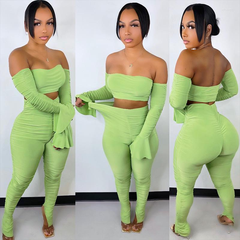 

Women's Two Piece Pants Sexy Ruched Set Women Flare Sleeve Strapless Backless Crop Top And Split Pencil Night Party Club Outfits Elastic, Green