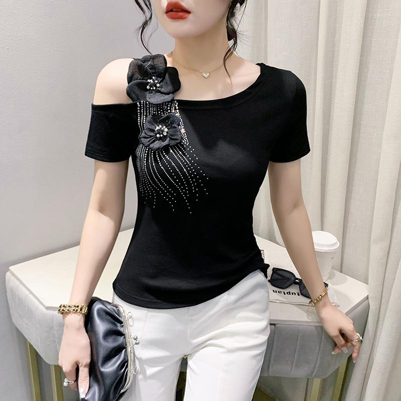 

Women's T Shirts Summer Cotton Tshirts Women's Skew Collar Short Sleeve Fake Diamonds Shirt Tees Girl Off Soulder Top With Floral Strap, Black