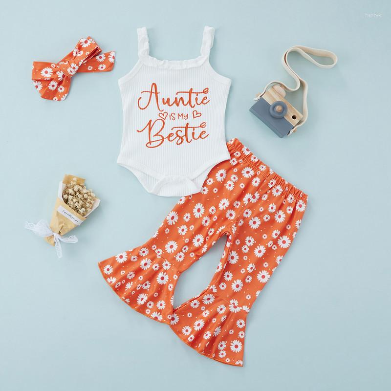 

Clothing Sets 3Pcs Baby Girl Summer Outfits Sleeveless Letter Print Romper Flare Pants Headband Set