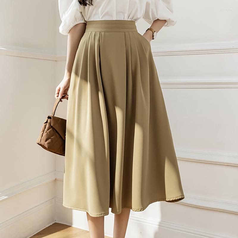 

Skirts High Waist Zipper For Women Summer Midi Skirt Korean Fashion Womens Clothing Office Lady Pleated A-line Falda Mujer, Black