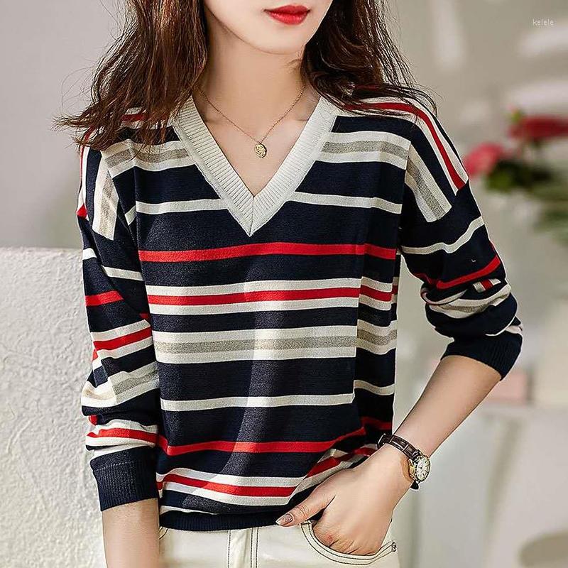 

Women's Sweaters Autumn Vintage Sweater Women Pullover Striped V-Neck Long Sleeve Korean Style Womens Clothes Jersey De Mujer Invierno, Photo color
