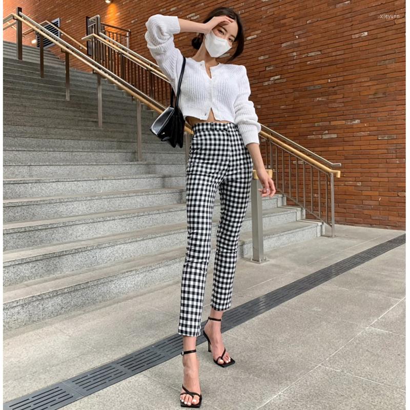 

Women's Pants Black And White Plaid Women's High Waist Elastic Slimming Show Thin Spring Autumn Classic Korean Version Of