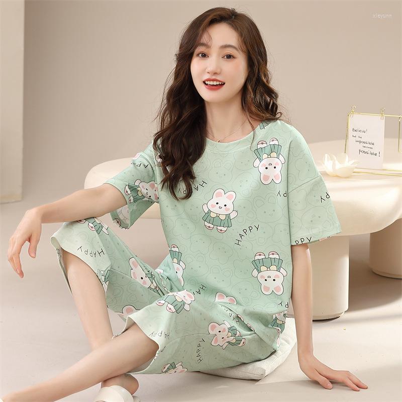 

Women's Sleepwear 2023 Summer Pajamas Women's Cotton Short-Sleeved Cropped Pants Net Red Style Cute Cartoon Home Service Suit, 03