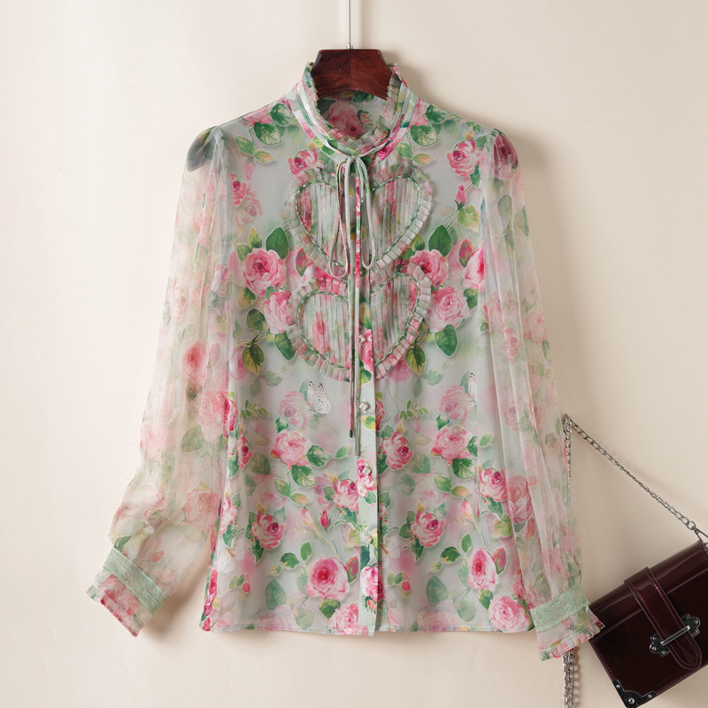 

2023 Summer Multicolor Floral Print Beaded Silk Blouse Ribbon Tie Shirt Long Sleeve Round Neck Panelled Single-Breasted Soie Top Shirts R3W057773, Multi